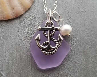 Handmade in Hawaii,Magical Color Changing purple wire wrapped sea glass necklace sterling silver chain,February Birthstone Hawaii State Flower Hibiscus charm FREE gift wrap freshwater pearl