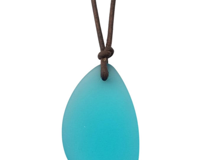 Handmade in Hawaii, leather cord unisex blue sea glass necklace, unisex jewelry, Hawaii jewelry, birthday gift