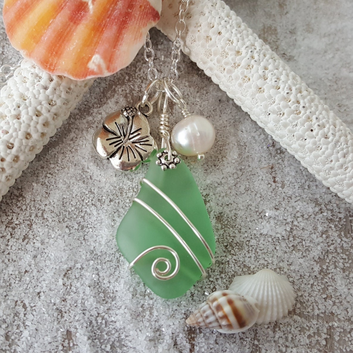 Hawaiian Jewelry Sea Glass Necklace Wire Peridot Necklace Green