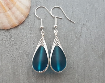 Hawaiian Jewelry Sea Glass Earrings, Braided Teal Earrings Teardrop Earrings, Sea Glass Jewelry For Women Unique Earrings Beach Jewelry