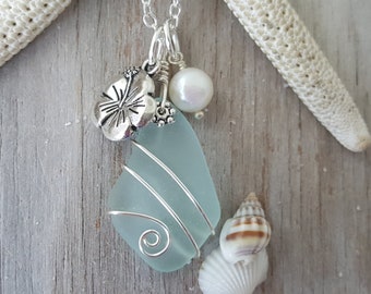 Hawaiian Jewelry Sea Glass Necklace, Wire Wrapped Seafoam Necklace, Pearl "Hawaiian State Flower" Hibiscus Necklace, Beach Sea Glass Jewelry