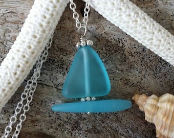 Handmade in Hawaii, Blue sailboat sea glass necklace ,Beach glass necklace,  gift box, Gifts for her.