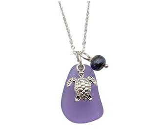 Hawaiian Jewelry Sea Glass Necklace, "Magical Color Changing" Purple Necklace Turtle Necklace Sea Glass Birthday Gift (February Birthstone)