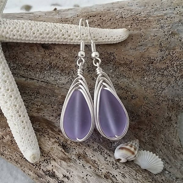 Hawaiian Jewelry Sea Glass Earrings, Braided "Magical Color Changing" Purple Earrings Teardrop Earrings, Beach Jewelry (February Birthstone)