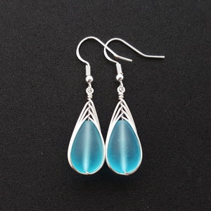 Hawaiian Jewelry Sea Glass Earrings, Braided Turquoise Earrings Blue Earrings Teardrop Earrings, Beach Jewelry December Birthstone Gift image 4