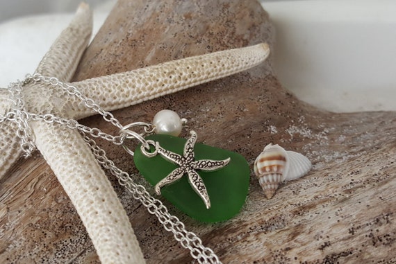 FREE gift message turquoise bay blue sea glass necklace,starfish charm,freshwater pearl,December Birthstone FREE gift wrap Hawaiian Gift Handmade in Hawaii sterling silver chain 