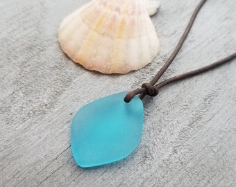 アクセサリー OX JEWELRY GLASS CORD and NECKLACE Handmade in Hawaii, Leather Cord Unisex Puff Blue Sea Glass
