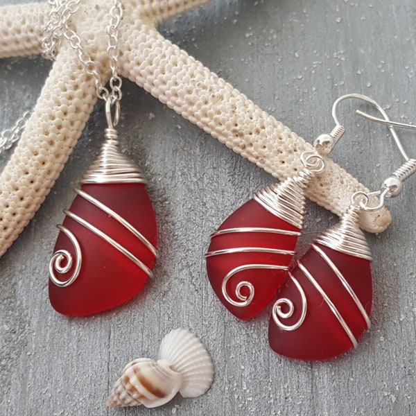 Hawaiian Jewelry Sea Glass Set, Top Wire Wrapped Red Necklace Earrings Jewelry Set, Sea Glass Jewelry Birthday Gift (January Birthstone)