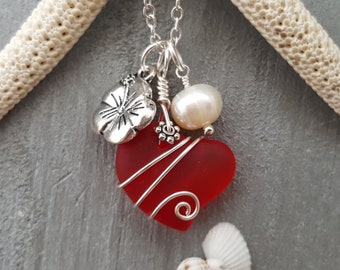 Hawaiian Jewelry Sea Glass Necklace, Wire Ruby Red Necklace, Heart Necklace Hibiscus Pearl Necklace, Beach  Birthday Gift (July Birthstone)