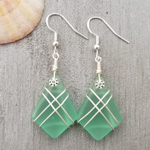 Hawaiian Jewelry Sea Glass Earrings, Wire Cross Aquamarine Earrings, Beach Sea Glass Jewelry Unique Earrings(March Birthstone Jewelry Gift)