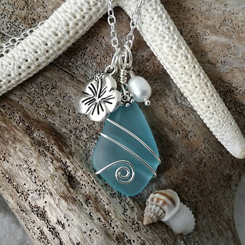 Handmade in Hawaii Wire wrapped blue sea glass necklace | Etsy