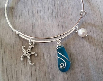 Bracciale in vetro di mare con gioielli hawaiani, braccialetto verde acqua con perle e stelle marine, gioielli in vetro di mare per donne, braccialetto da spiaggia per ragazze amanti della spiaggia
