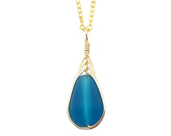 Hawaiian Jewelry Sea Glass Necklace, Gold Braided Teal Necklace Blue Necklace, Beach Jewelry Birthday Gift, Unique Gift