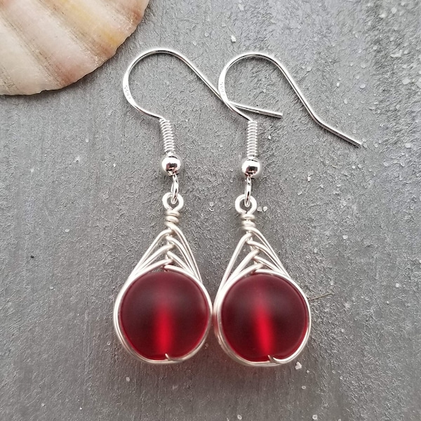 Hawaiian Jewelry Sea Glass Earrings, Braided Small Round Red Earrings, Sea Glass Jewelry Birthday Gift For Girl(January Birthstone Jewelry)