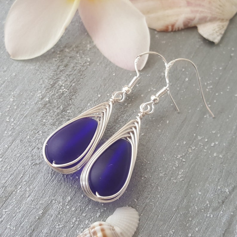 Handmade in Hawaii Wire braided CobaltSapphire sea glass earrings Sterling silver hooks September Birthstone Mother/'s Day
