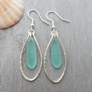 Hawaiian Jewelry Sea Glass Earrings, Wire Loop Aquamarine Earrings Beach Jewelry Sea Glass Jewelry Unique Earrings(March Birthstone Jewelry)
