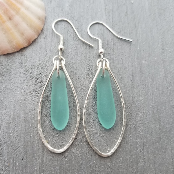 Hawaiian Jewelry Sea Glass Earrings, Wire Loop Aquamarine Earrings Beach Jewelry Sea Glass Jewelry Unique Earrings(March Birthstone Jewelry)