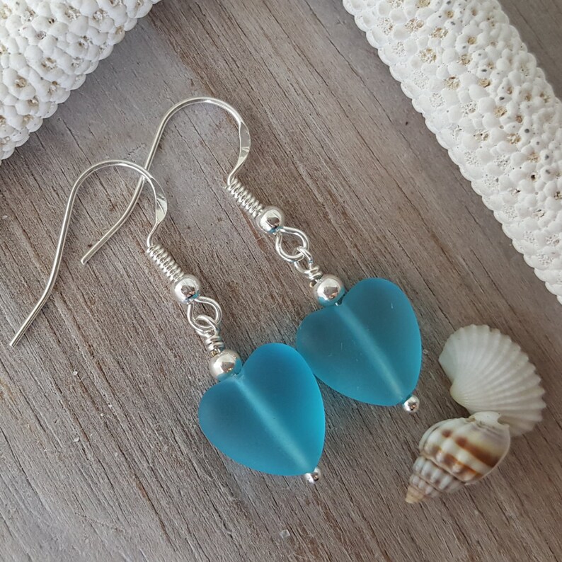Sea glass jewelry. Gift box Handmade in Hawaii 925 sterling silver hook Twin Hearts sea glass earrings Sea glass earrings
