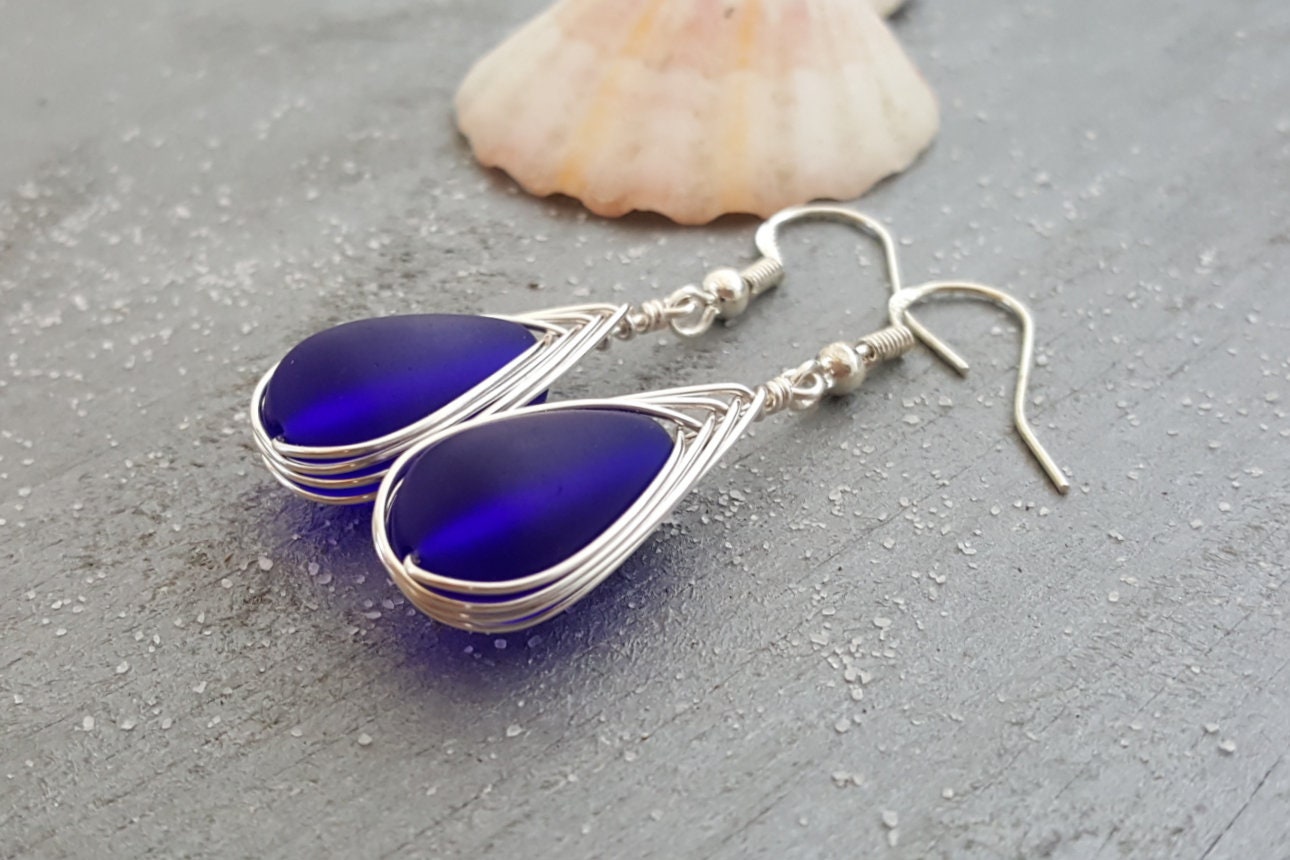 YInahawaii HandmadeWire wrapped cobalt blue sea glass Necklace+Earrings  Set, gift box,beach glass necklace,sea glass earrings, sea glass