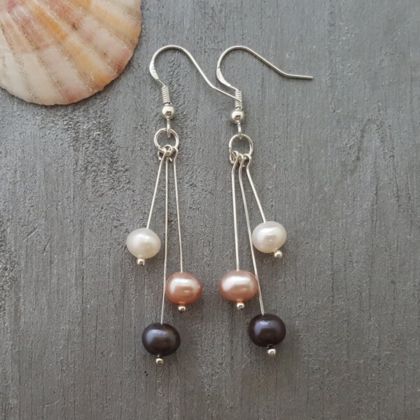 Handmade in Hawaii, Triple Color Natural Pearl earrings, "June Birthstone",   FREE gift wrap