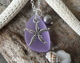 Hawaiian Jewelry Sea Glass Necklace, "Magical Color Changing" Purple Necklace Starfish Necklace Sea Glass Birthday Gift(February Birthstone)