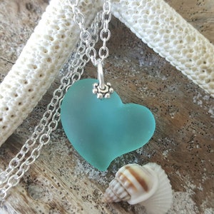 Hawaiian Jewelry Sea Glass Necklace, Heart Necklace Aquamarine Necklace, Sea Glass Jewelry Beach Jewelry (March Birthstone Jewelry Gift)