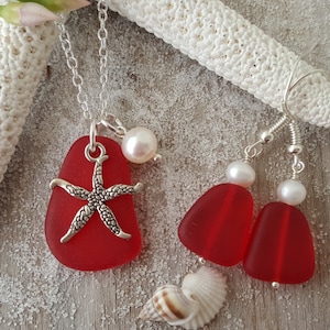 Handmade in Hawaii, Ruby Red sea glass necklace+earrings jewelry set, "July Birthstone", Starfish Charm,   gift box