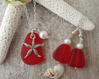 Handmade in Hawaii, Ruby Red sea glass necklace+earrings jewelry set, "July Birthstone", Starfish Charm,   gift box