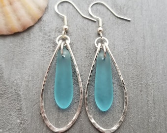 Hawaiian Jewelry Sea Glass Earrings, Hammered Wire Loop Turquoise Earrings Blue Earrings, Sea Glass Jewelry (December Birthstone Jewelry)