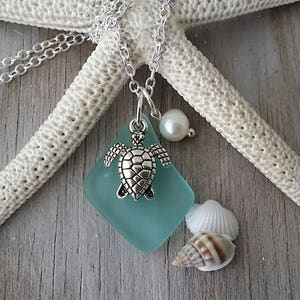 Hawaiian Jewelry Sea Glass Necklace, Aquamarine Necklace, Turtle Necklace Pearl Necklace, Ocean Beach Jewelry (March Birthstone Jewelry)