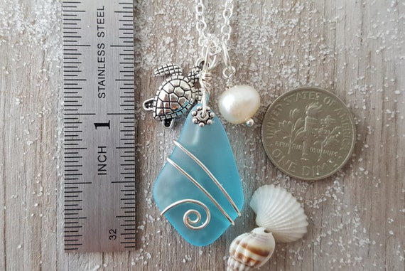 Wire wrapped Aqua sea glass earrings March Birthstone Handmade in Hawaii Free Gift Wrap