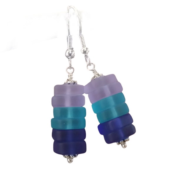 Made in Hawaii, Purple blue cobalt triple sea glass earrings,    gift box.beach jewelry
