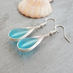 Hawaiian Jewelry Sea Glass Earrings, Braided Turquoise Earrings Blue Earrings Teardrop Earrings, Beach Jewelry December Birthstone Gift image 6