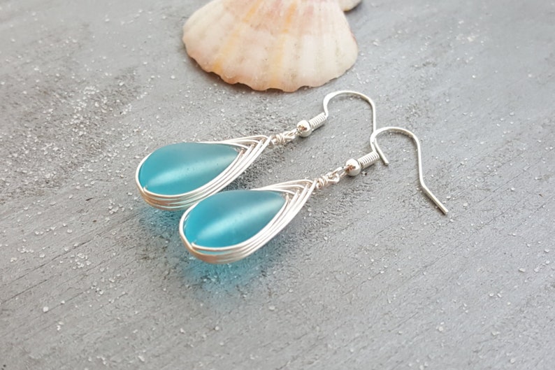 Hawaiian Jewelry Sea Glass Earrings, Braided Turquoise Earrings Blue Earrings Teardrop Earrings, Beach Jewelry December Birthstone Gift image 6