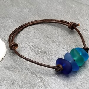 Updated Version Hawaii leather cord unisex Quad Blue Hawaii sea glass bracelet and ankle bracelet, unisex jewelry for him or her image 5