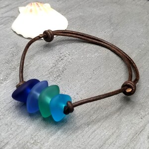 Updated Version Hawaii leather cord unisex Quad Blue Hawaii sea glass bracelet and ankle bracelet, unisex jewelry for him or her image 6