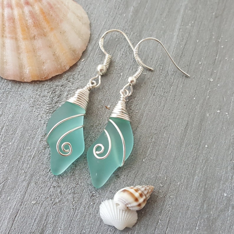 Wire wrapped Aqua sea glass earrings March Birthstone Handmade in Hawaii Free Gift Wrap