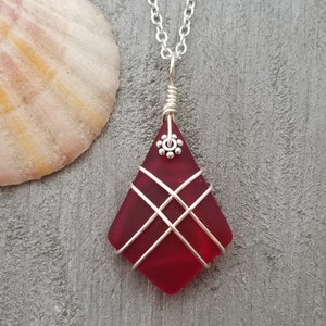 Hawaiian Jewelry Sea Glass Necklace, Wire Cross Necklace Red Necklace, Sea Glass Jewelry For Women Beach Jewelry (January Birthstone Gift)