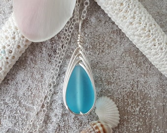 Hawaiian Jewelry Sea Glass Necklace, Braided Turquoise Necklace Blue Necklace Teardrop Necklace, Sea Glass Jewelry(December Birthstone Gift)