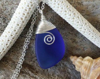 Handmade in Hawaii, Wire wrapped cobalt blue sea glass necklace,   gift box, Gift for her, Beach jewelry.