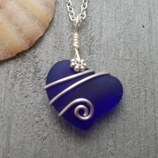 Hawaiian Jewelry Sea Glass Necklace, Wire Cobalt Blue Necklace Heart Necklace, Beach Jewelry Birthday Gift For Women (September Birthstone)