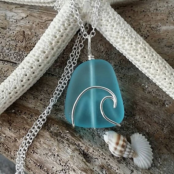 Handmade in Hawaii wire wrapped ocean wave blue sea glass | Etsy