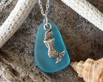 Handmade in Hawaii, Blue sea glass necklace,Mermaid charm. gift box, Mother's Day Gifts.sea glass jewelry.