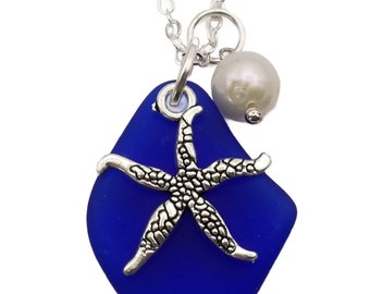 Hawaiian Jewelry Sea Glass Necklace, Cobalt Blue Necklace Pearl Starfish Necklace, Sea Glass Jewelry Birthday Gift (September Birthstone)