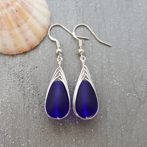 Hawaiian Jewelry Sea Glass Earrings, Braided Cobalt Blue Earrings Teardrop Earrings, Sea Glass Jewelry Birthday Gift (September Birthstone)
