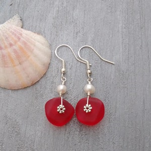 Hawaiian Jewelry Sea Glass Earrings, Wire Red Earrings Pearl Earrings, Sea Glass Jewelry Beach Jewelry (January Birthstone Jewelry Gift)