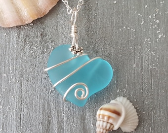 Hawaiian Jewelry Sea Glass Necklace, Wire Heart Necklace Turquoise Necklace Blue Necklace, Beach Jewelry Birthday Gift(December Birthstone)