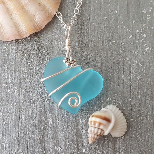 Hawaii Schmuck Sea Glass Halskette, Draht Herz Halskette Türkis Halskette Blau Halskette, Strand Schmuck