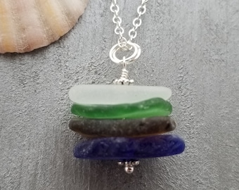 Genuine surf tumbled natural quad stack sea glass necklace. Handmade in Hawaii, Sea glass jewelry.