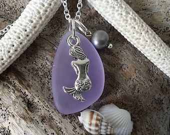 Handmade in Hawaii, "Magical Color Changing" purple sea glass necklace, Mermaid charm ,Natural pearl